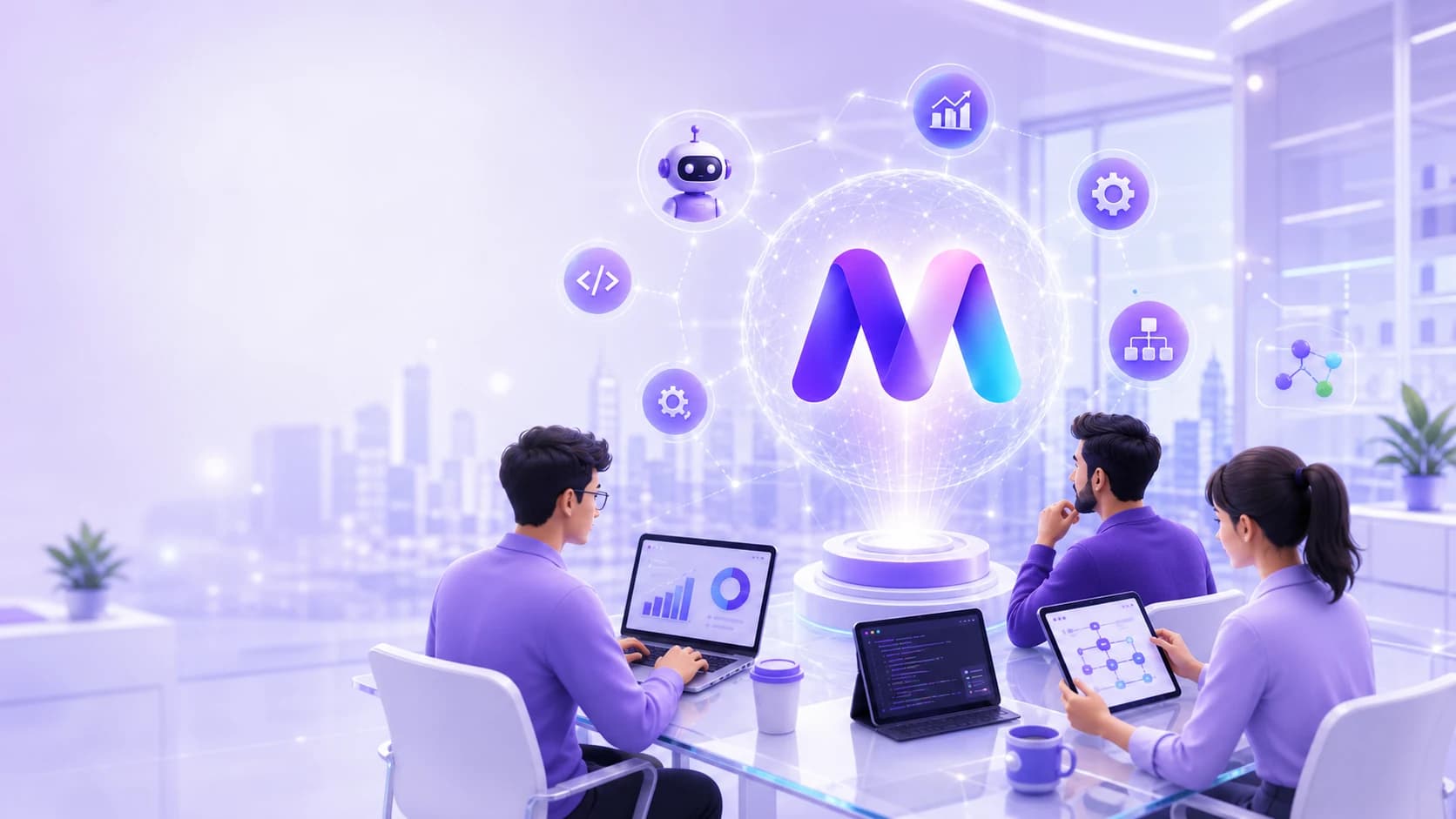 Team collaborating around a holographic AI automation platform
