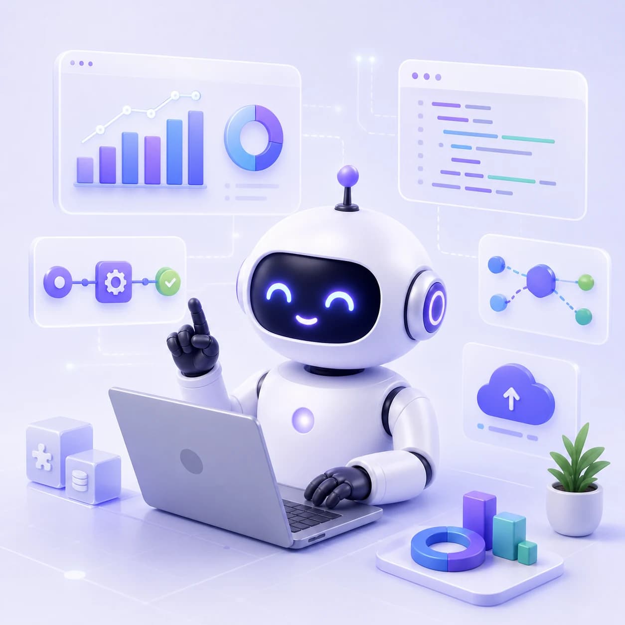 AI assistant visualizing analytics benefits with workflow and dashboard panels