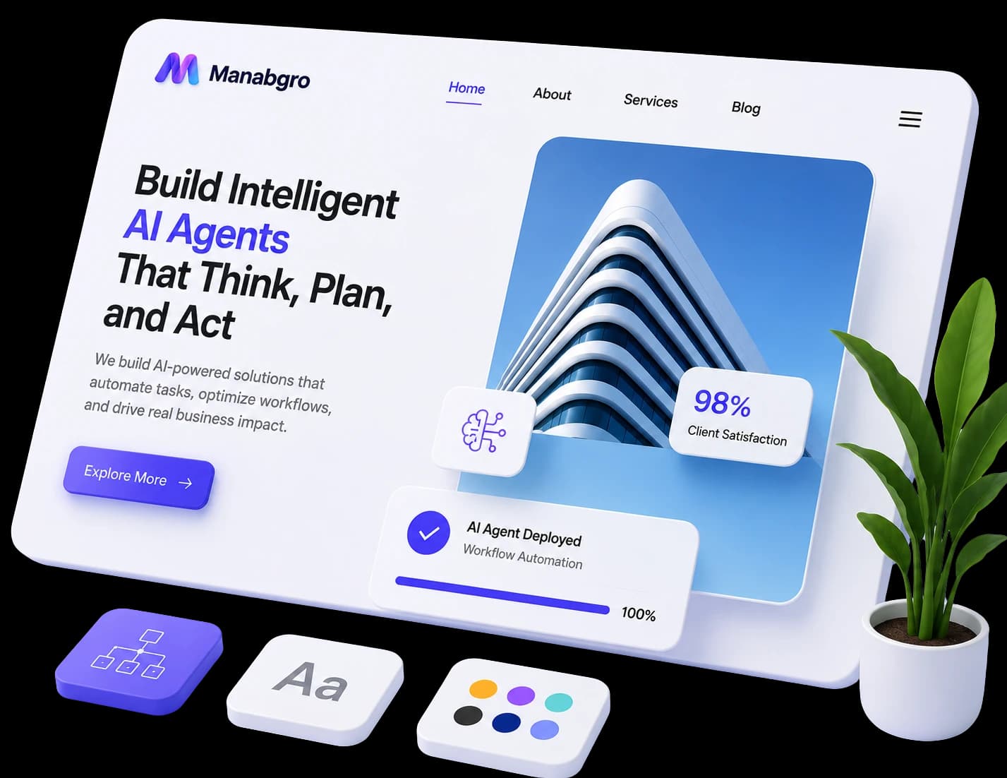Manabgro platform dashboard and AI agent automation illustration