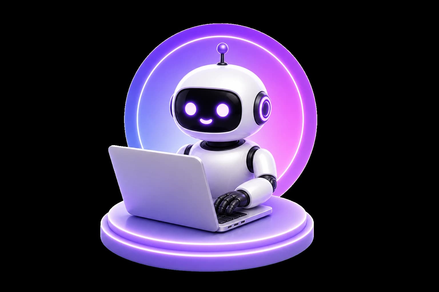 Friendly Manabgro AI robot working on a laptop