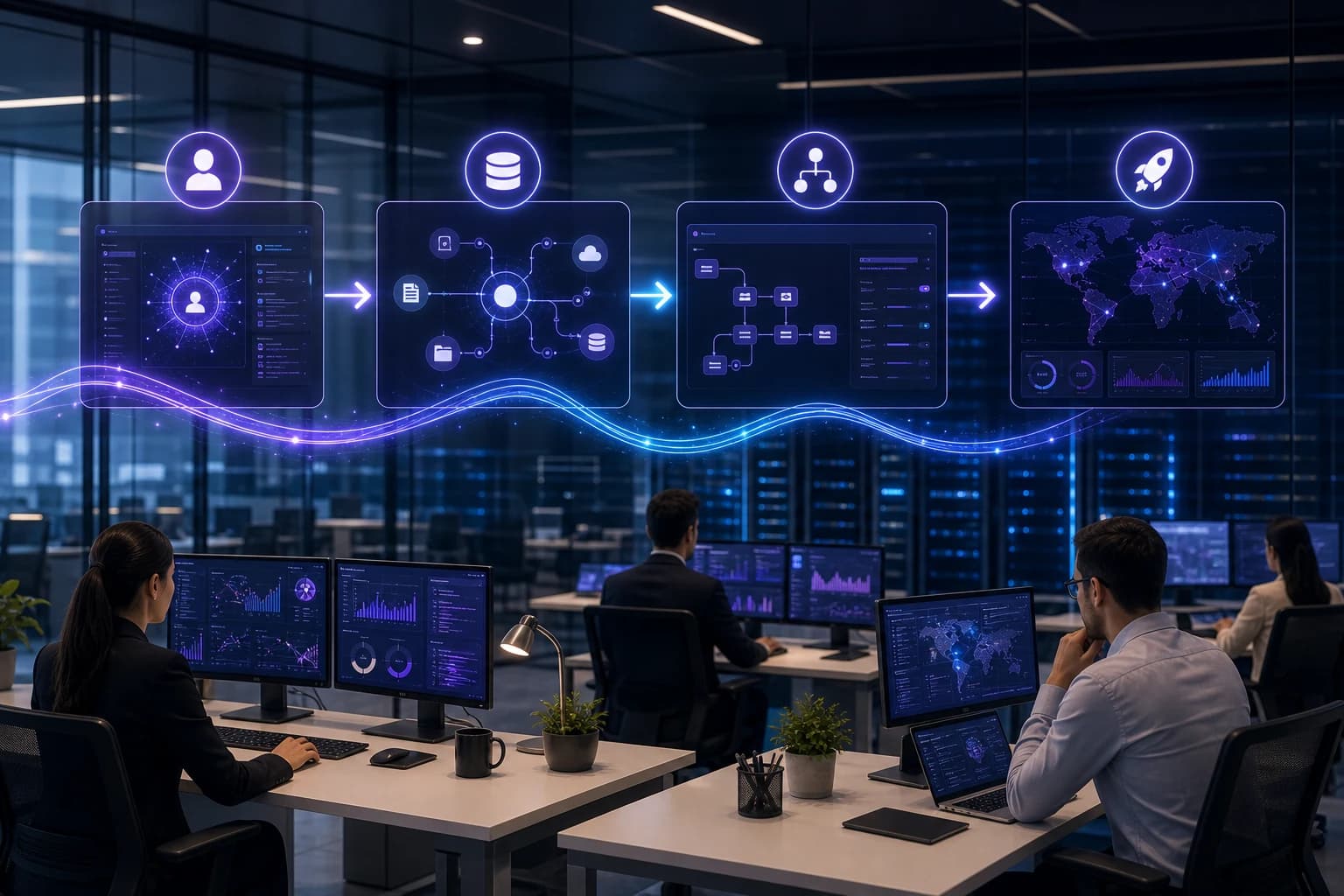 Realistic enterprise workflow showing AI agents moving from setup to deployment