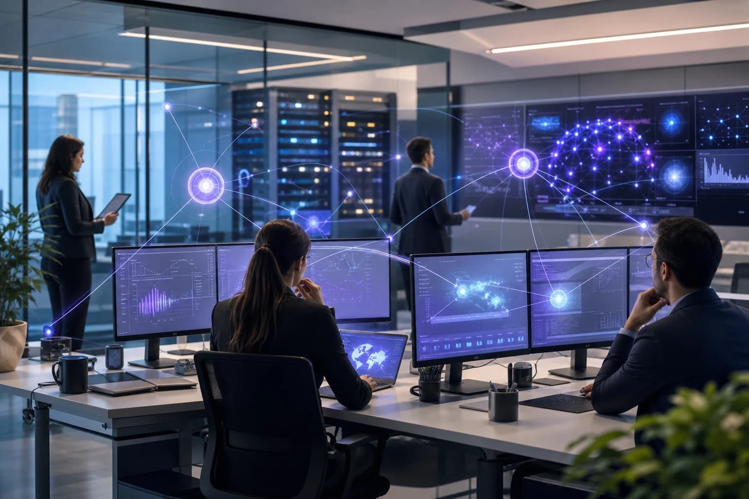 Enterprise team monitoring connected AI agents across platform dashboards