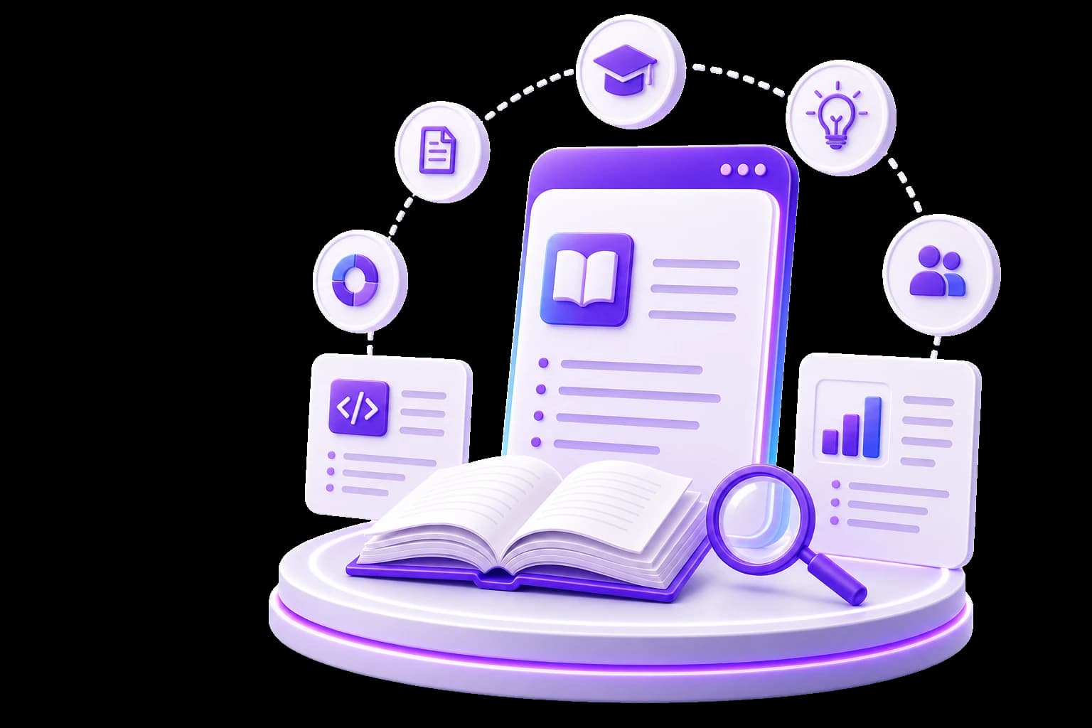 Resources knowledge hub with guide panels, open book, and insight modules